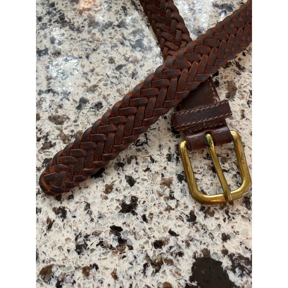 Genuine Leather Braided Belt 34"Brown Excellent Solid Brass Buckle Woven Preppy